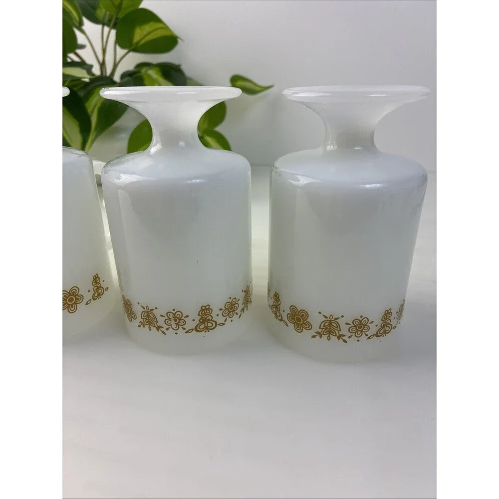 Pedestal Irish Coffee Mugs Butterfly Gold Vintage 70s Pyrex Cups Milk Glass 4pc